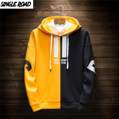 Single Road Mens Hoodies Fashion Casual Sweatshirts Male Hip Hop Yellow Hoodie Tracksuit Men